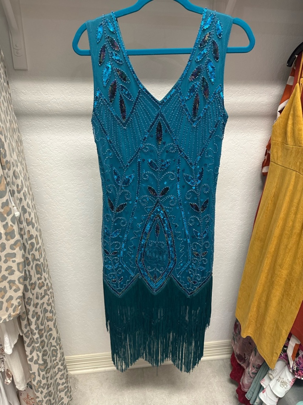 Teal Beaded Fringe V-Neck Women's Dress